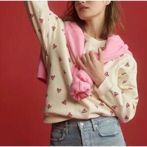 KULE Organic Cotton All Over Heart Print Oversized Sweatshirt Cream Pink Small